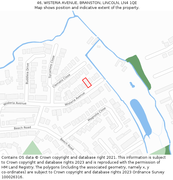 46, WISTERIA AVENUE, BRANSTON, LINCOLN, LN4 1QE: Location map and indicative extent of plot