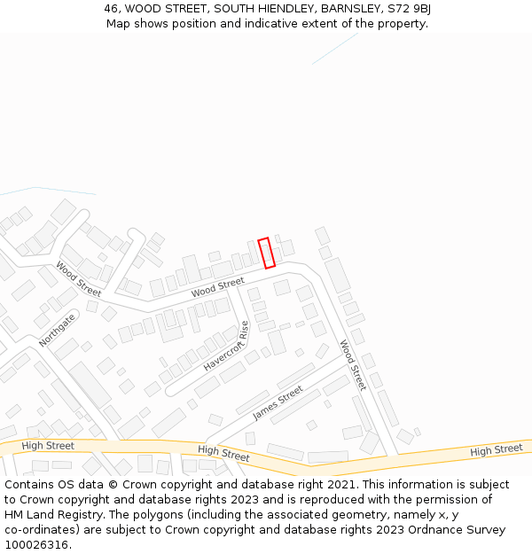 46, WOOD STREET, SOUTH HIENDLEY, BARNSLEY, S72 9BJ: Location map and indicative extent of plot