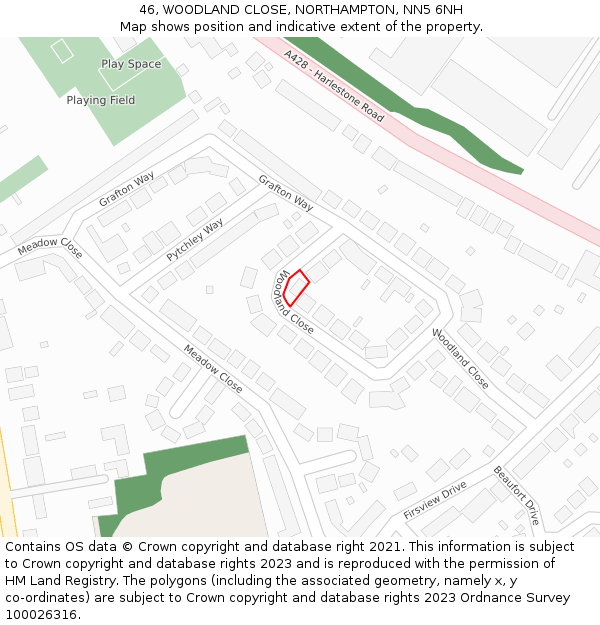 46, WOODLAND CLOSE, NORTHAMPTON, NN5 6NH: Location map and indicative extent of plot