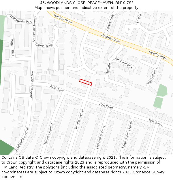 46, WOODLANDS CLOSE, PEACEHAVEN, BN10 7SF: Location map and indicative extent of plot