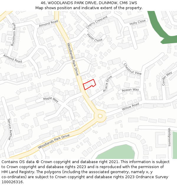 46, WOODLANDS PARK DRIVE, DUNMOW, CM6 1WS: Location map and indicative extent of plot