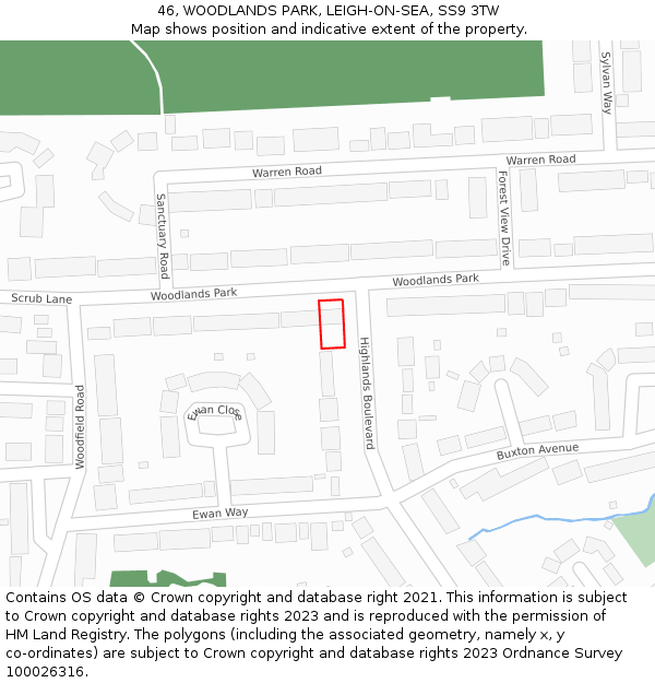 46, WOODLANDS PARK, LEIGH-ON-SEA, SS9 3TW: Location map and indicative extent of plot