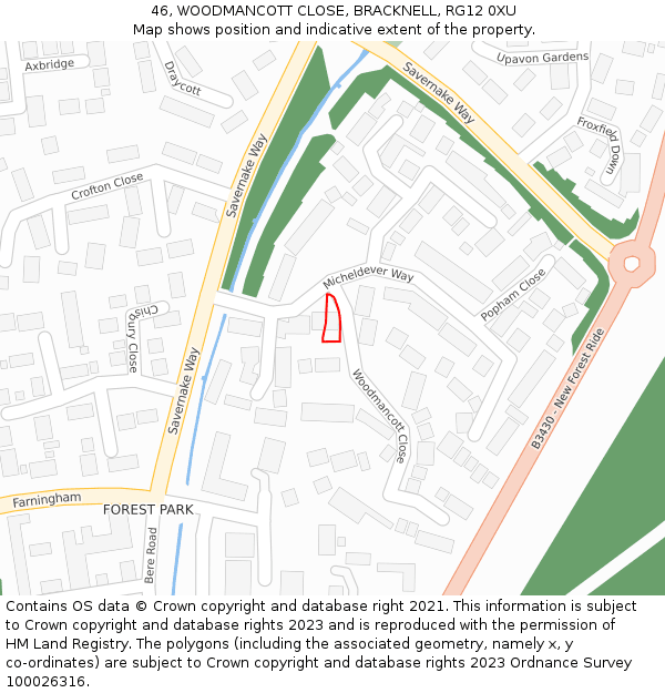 46, WOODMANCOTT CLOSE, BRACKNELL, RG12 0XU: Location map and indicative extent of plot