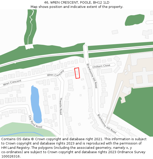 46, WREN CRESCENT, POOLE, BH12 1LD: Location map and indicative extent of plot