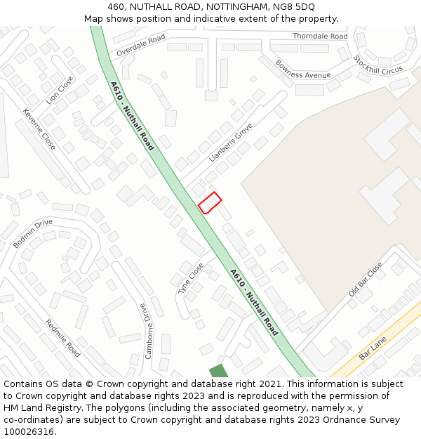 460, NUTHALL ROAD, NOTTINGHAM, NG8 5DQ: Location map and indicative extent of plot