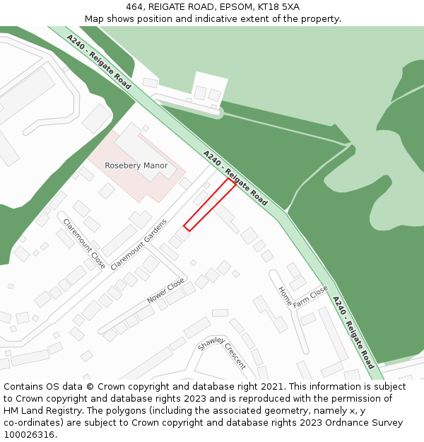 464, REIGATE ROAD, EPSOM, KT18 5XA: Location map and indicative extent of plot