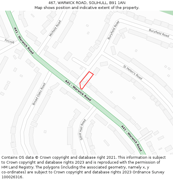 467, WARWICK ROAD, SOLIHULL, B91 1AN: Location map and indicative extent of plot