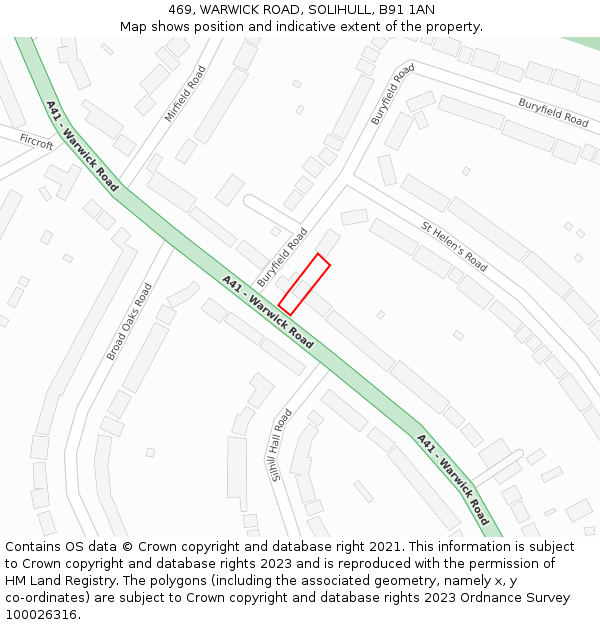 469, WARWICK ROAD, SOLIHULL, B91 1AN: Location map and indicative extent of plot