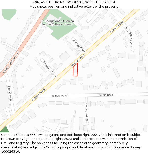 46A, AVENUE ROAD, DORRIDGE, SOLIHULL, B93 8LA: Location map and indicative extent of plot