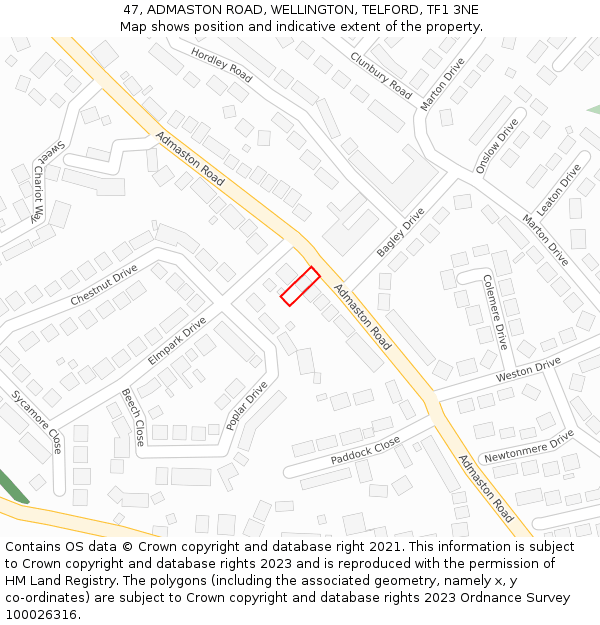 47, ADMASTON ROAD, WELLINGTON, TELFORD, TF1 3NE: Location map and indicative extent of plot