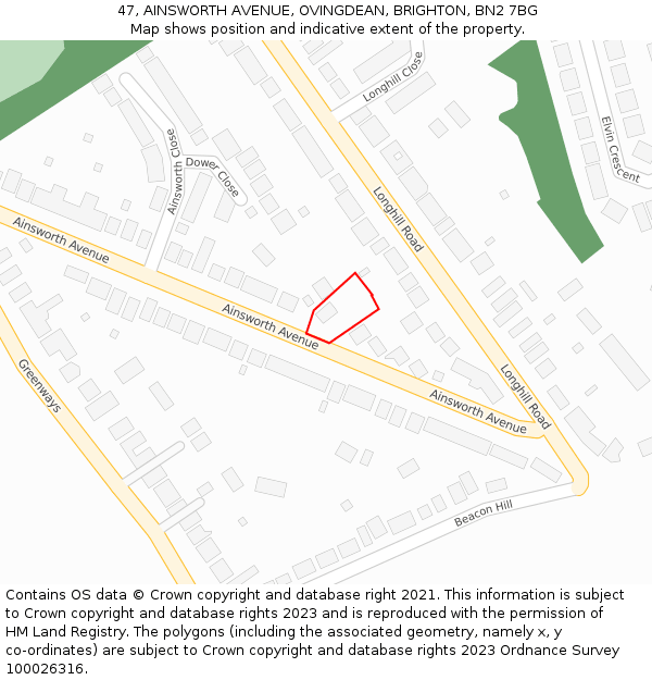 47, AINSWORTH AVENUE, OVINGDEAN, BRIGHTON, BN2 7BG: Location map and indicative extent of plot