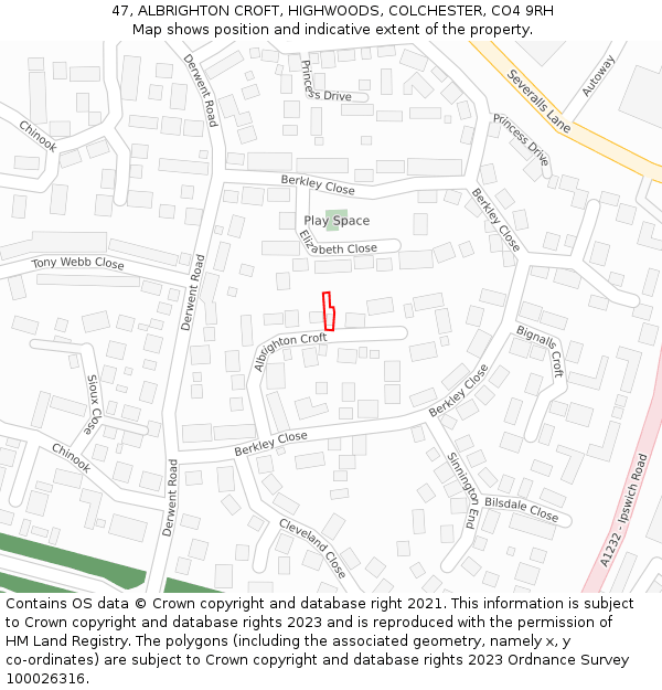 47, ALBRIGHTON CROFT, HIGHWOODS, COLCHESTER, CO4 9RH: Location map and indicative extent of plot