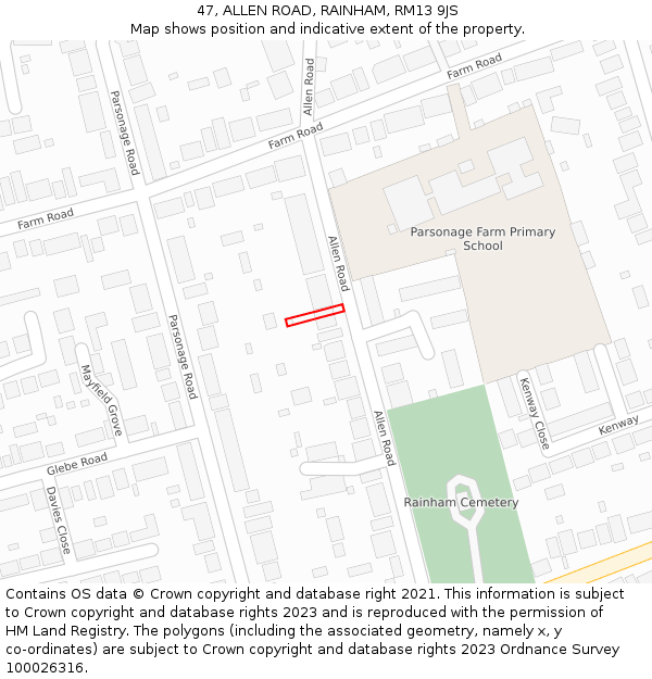 47, ALLEN ROAD, RAINHAM, RM13 9JS: Location map and indicative extent of plot