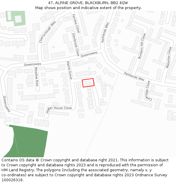 47, ALPINE GROVE, BLACKBURN, BB2 4QW: Location map and indicative extent of plot