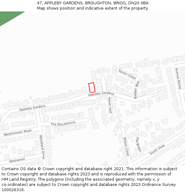 47, APPLEBY GARDENS, BROUGHTON, BRIGG, DN20 0BA: Location map and indicative extent of plot