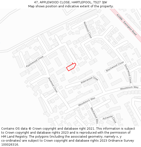 47, APPLEWOOD CLOSE, HARTLEPOOL, TS27 3JW: Location map and indicative extent of plot