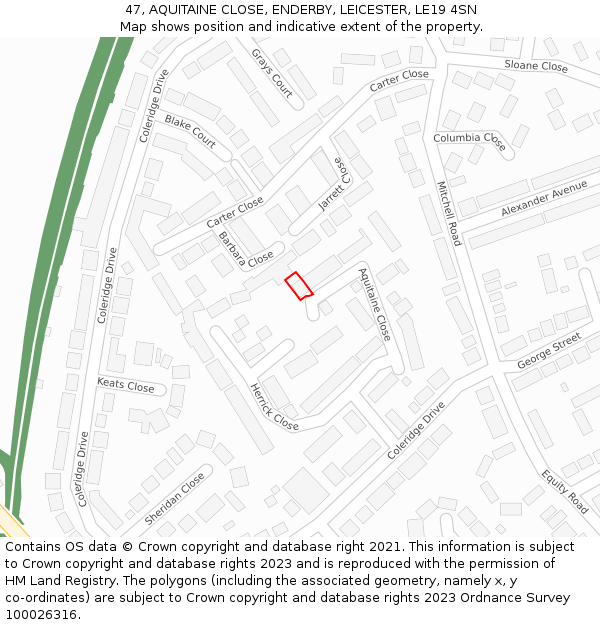 47, AQUITAINE CLOSE, ENDERBY, LEICESTER, LE19 4SN: Location map and indicative extent of plot