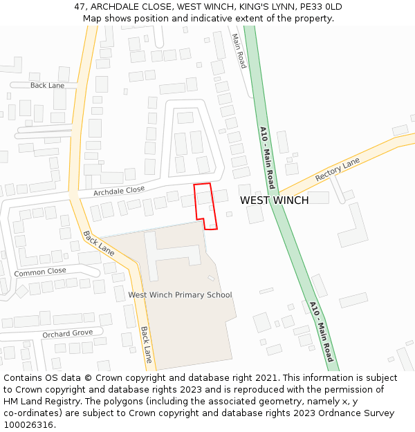 47, ARCHDALE CLOSE, WEST WINCH, KING'S LYNN, PE33 0LD: Location map and indicative extent of plot