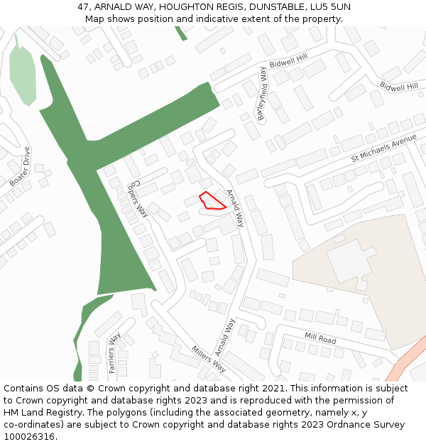 47, ARNALD WAY, HOUGHTON REGIS, DUNSTABLE, LU5 5UN: Location map and indicative extent of plot