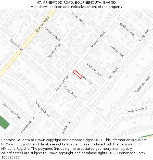 47, ARNEWOOD ROAD, BOURNEMOUTH, BH6 5DJ: Location map and indicative extent of plot