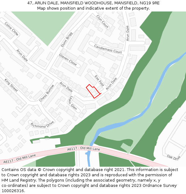 47, ARUN DALE, MANSFIELD WOODHOUSE, MANSFIELD, NG19 9RE: Location map and indicative extent of plot