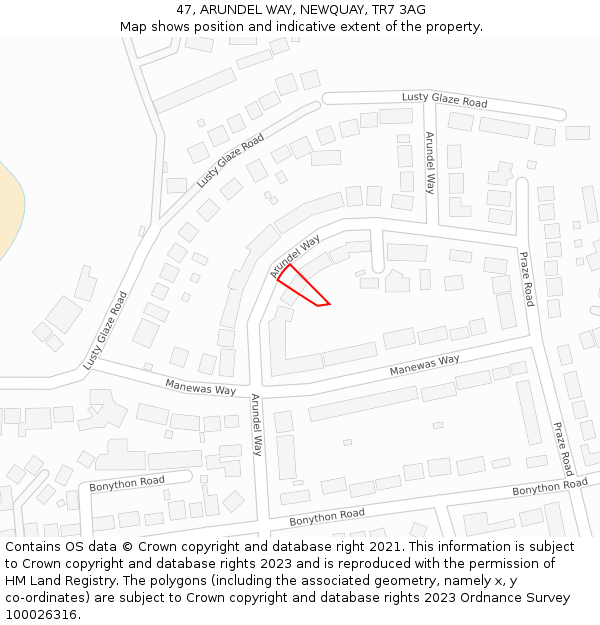 47, ARUNDEL WAY, NEWQUAY, TR7 3AG: Location map and indicative extent of plot