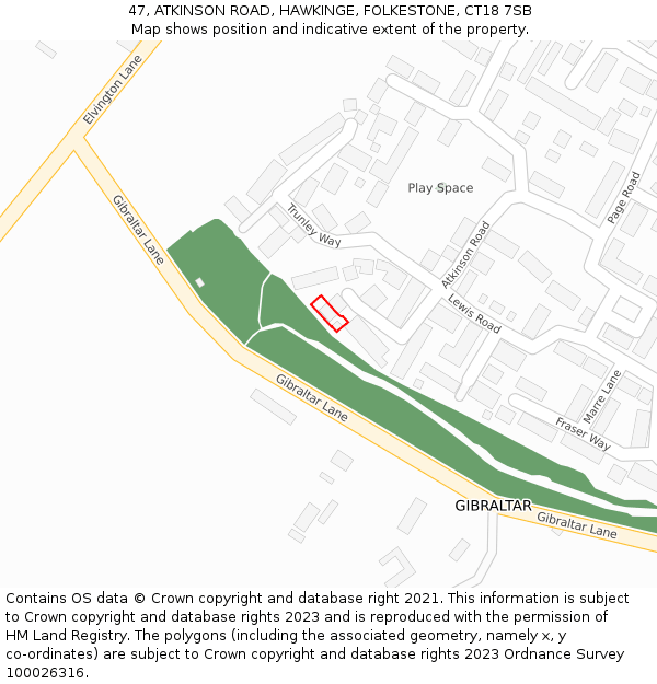 47, ATKINSON ROAD, HAWKINGE, FOLKESTONE, CT18 7SB: Location map and indicative extent of plot