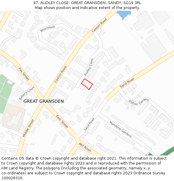 47, AUDLEY CLOSE, GREAT GRANSDEN, SANDY, SG19 3RL: Location map and indicative extent of plot