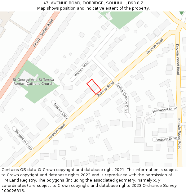 47, AVENUE ROAD, DORRIDGE, SOLIHULL, B93 8JZ: Location map and indicative extent of plot