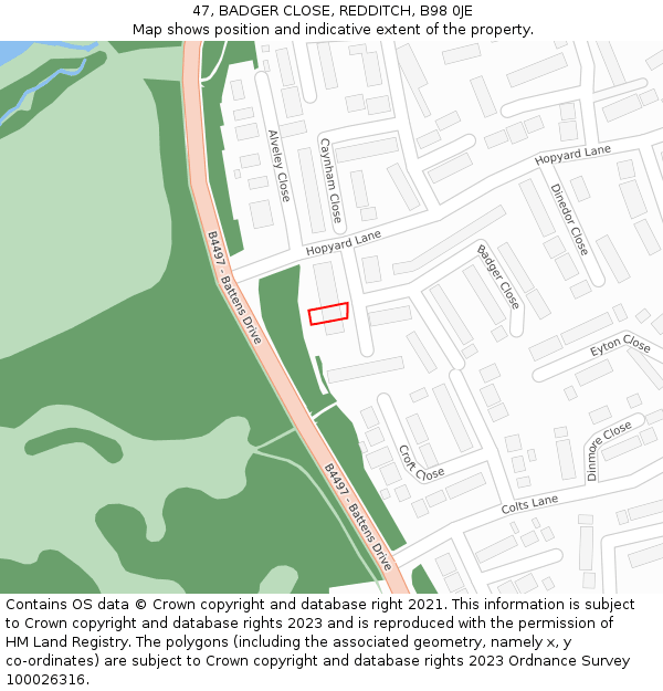 47, BADGER CLOSE, REDDITCH, B98 0JE: Location map and indicative extent of plot