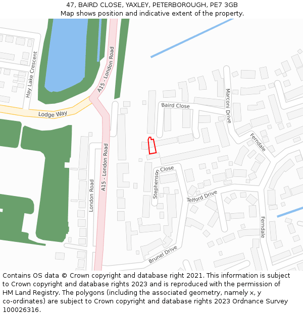 47, BAIRD CLOSE, YAXLEY, PETERBOROUGH, PE7 3GB: Location map and indicative extent of plot