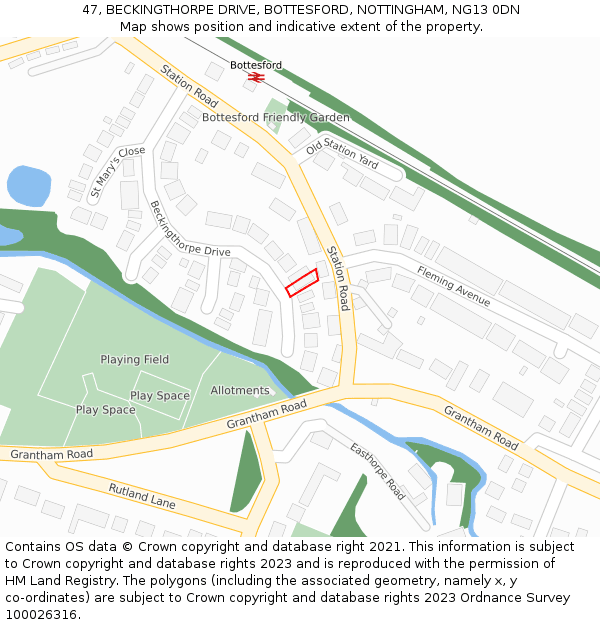 47, BECKINGTHORPE DRIVE, BOTTESFORD, NOTTINGHAM, NG13 0DN: Location map and indicative extent of plot