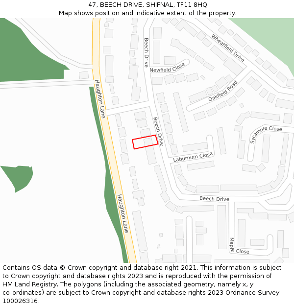 47, BEECH DRIVE, SHIFNAL, TF11 8HQ: Location map and indicative extent of plot