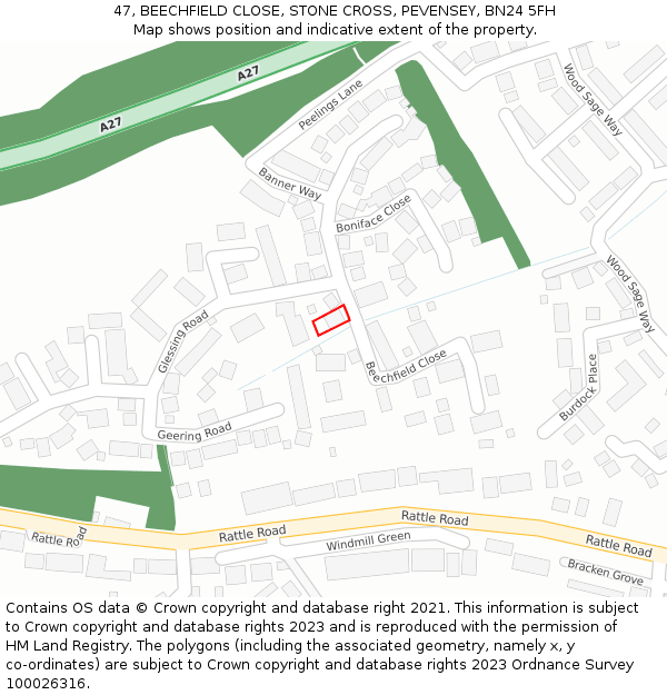 47, BEECHFIELD CLOSE, STONE CROSS, PEVENSEY, BN24 5FH: Location map and indicative extent of plot