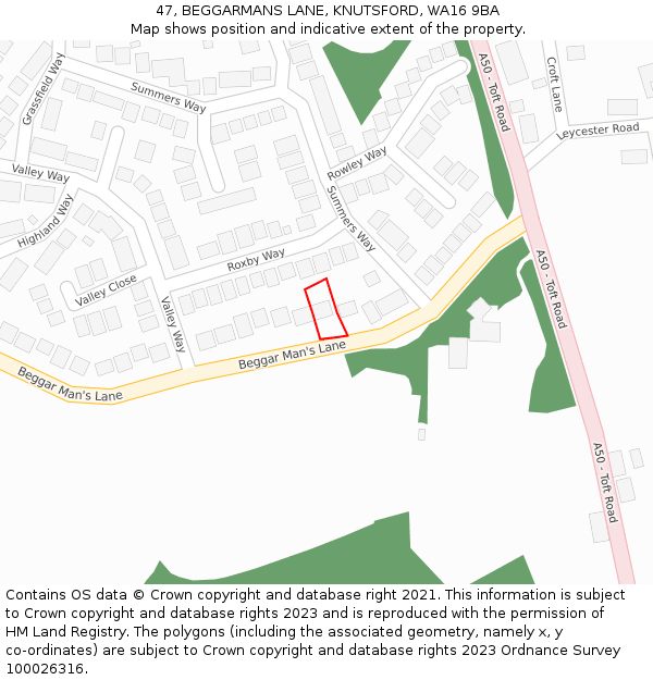 47, BEGGARMANS LANE, KNUTSFORD, WA16 9BA: Location map and indicative extent of plot
