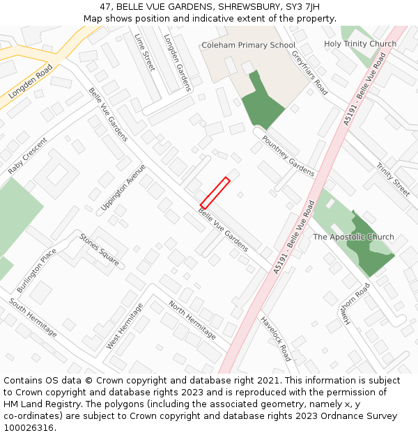 47, BELLE VUE GARDENS, SHREWSBURY, SY3 7JH: Location map and indicative extent of plot