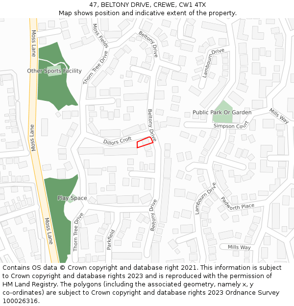 47, BELTONY DRIVE, CREWE, CW1 4TX: Location map and indicative extent of plot