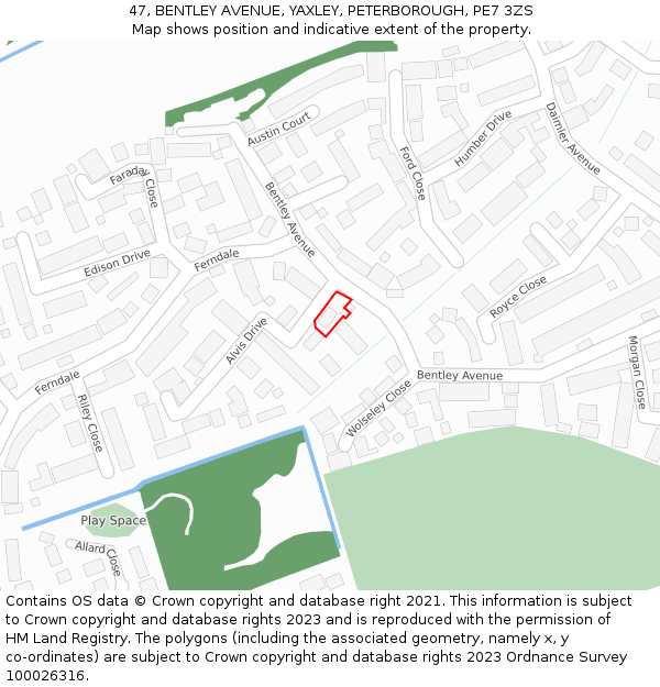 47, BENTLEY AVENUE, YAXLEY, PETERBOROUGH, PE7 3ZS: Location map and indicative extent of plot