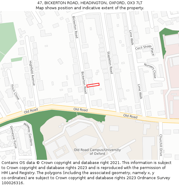 47, BICKERTON ROAD, HEADINGTON, OXFORD, OX3 7LT: Location map and indicative extent of plot