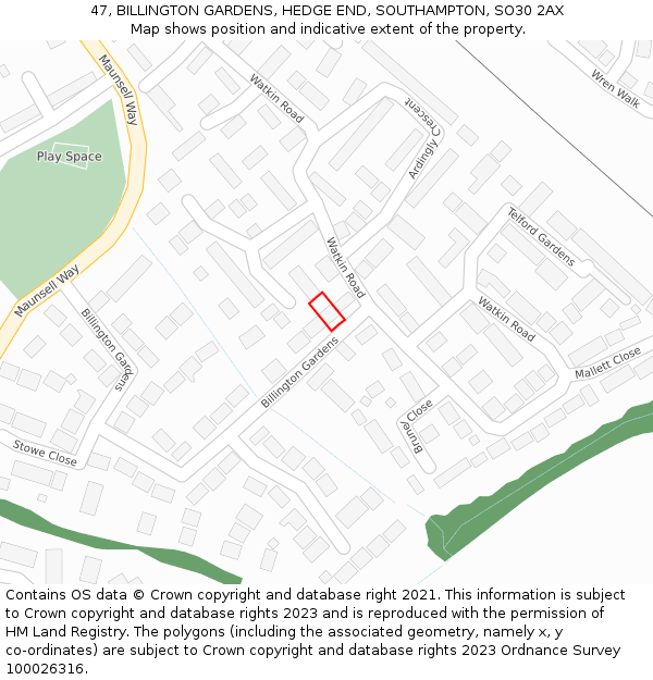 47, BILLINGTON GARDENS, HEDGE END, SOUTHAMPTON, SO30 2AX: Location map and indicative extent of plot