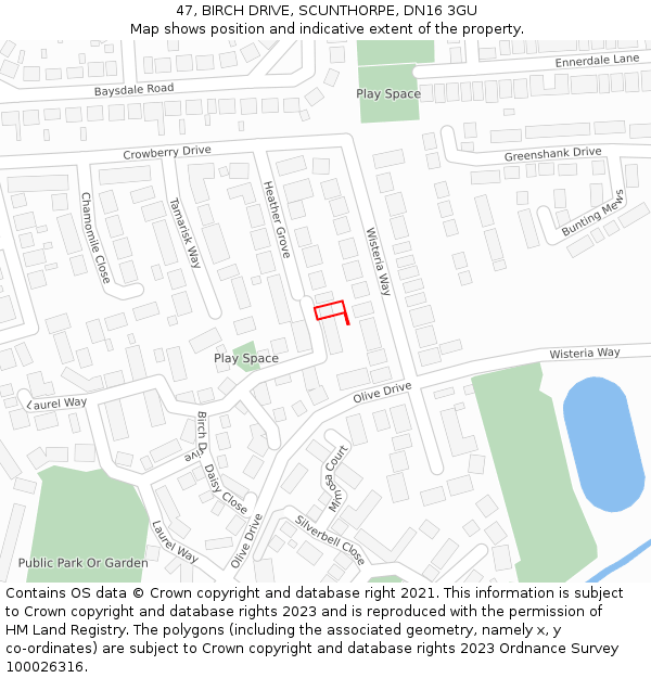 47, BIRCH DRIVE, SCUNTHORPE, DN16 3GU: Location map and indicative extent of plot