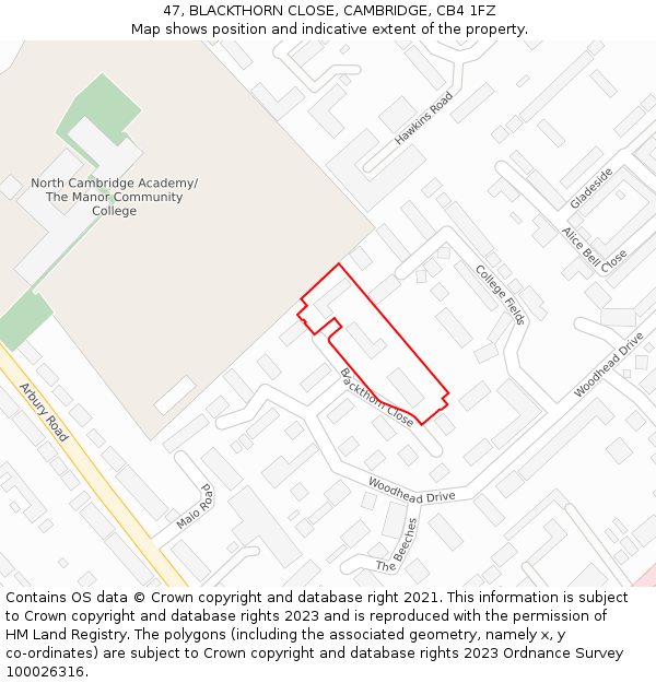 47, BLACKTHORN CLOSE, CAMBRIDGE, CB4 1FZ: Location map and indicative extent of plot