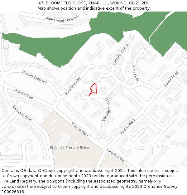 47, BLOOMFIELD CLOSE, KNAPHILL, WOKING, GU21 2BL: Location map and indicative extent of plot