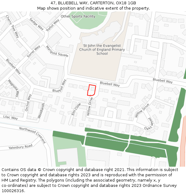 47, BLUEBELL WAY, CARTERTON, OX18 1GB: Location map and indicative extent of plot