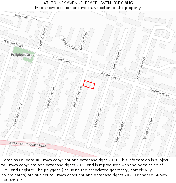 47, BOLNEY AVENUE, PEACEHAVEN, BN10 8HG: Location map and indicative extent of plot