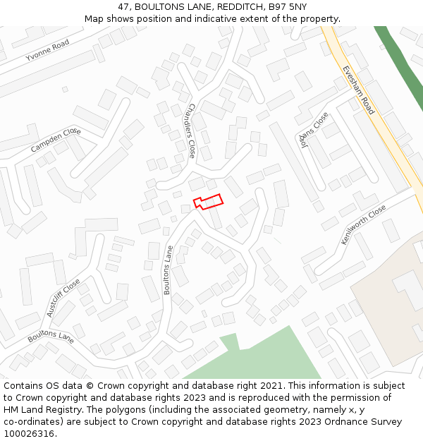 47, BOULTONS LANE, REDDITCH, B97 5NY: Location map and indicative extent of plot