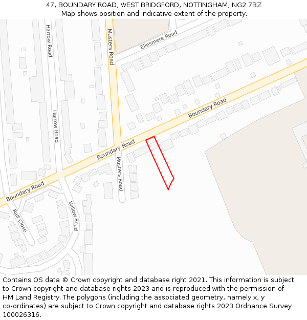 47, BOUNDARY ROAD, WEST BRIDGFORD, NOTTINGHAM, NG2 7BZ: Location map and indicative extent of plot