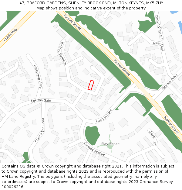 47, BRAFORD GARDENS, SHENLEY BROOK END, MILTON KEYNES, MK5 7HY: Location map and indicative extent of plot