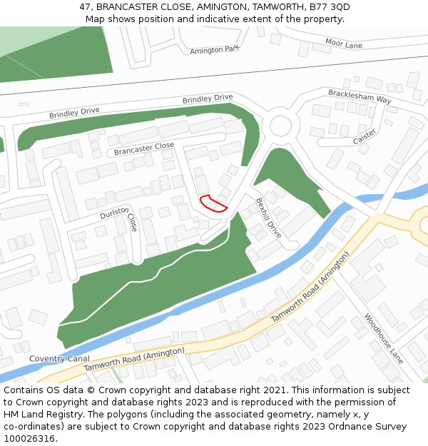 47, BRANCASTER CLOSE, AMINGTON, TAMWORTH, B77 3QD: Location map and indicative extent of plot
