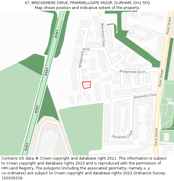 47, BRIDGEMERE DRIVE, FRAMWELLGATE MOOR, DURHAM, DH1 5FG: Location map and indicative extent of plot